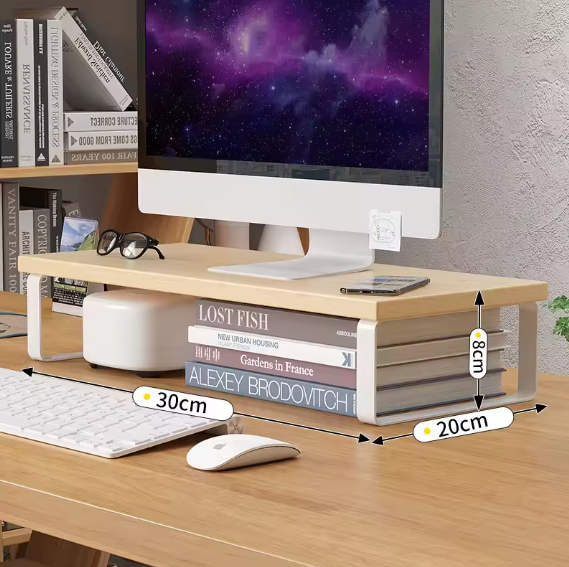 Vintage wood monitor stand riser with dark brown finish and sturdy iron frame for home office — view 4