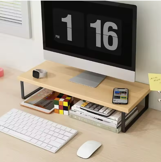 Vintage wood monitor stand riser with dark brown finish and sturdy iron frame for home office — view 3