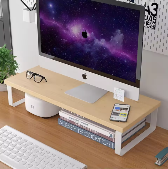 Vintage wood monitor stand riser with dark brown finish and sturdy iron frame for home office — view 2