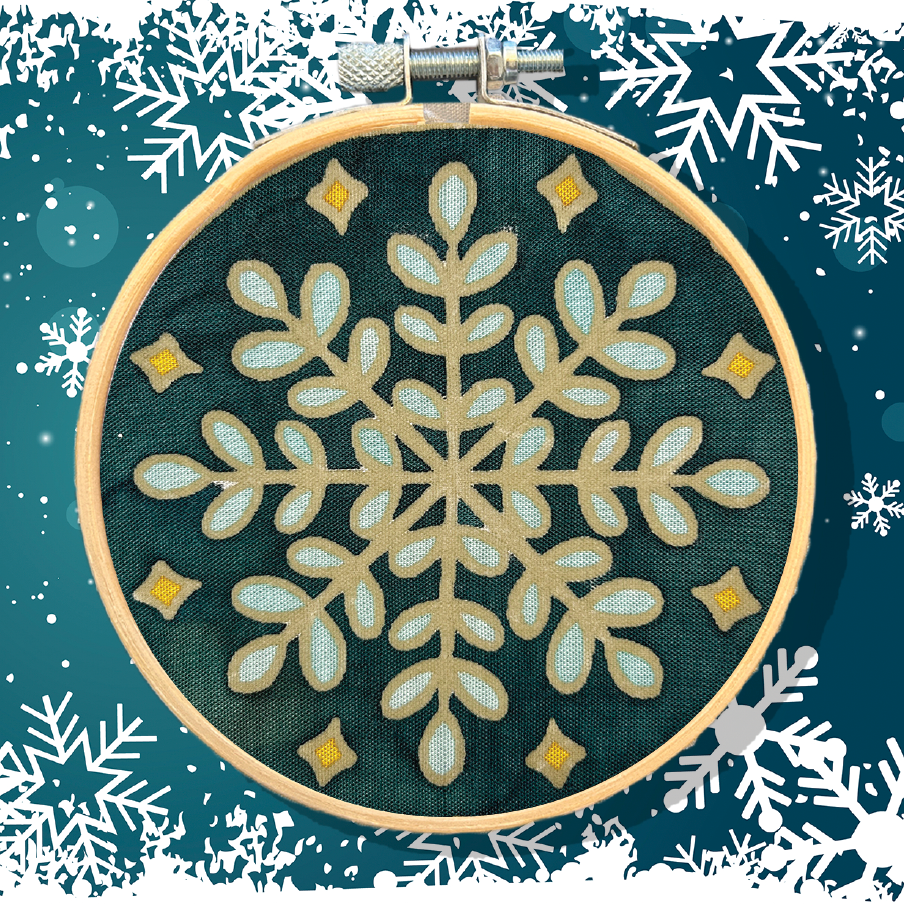 Winter snowflake mini batik craft kit with pre-waxed fabric and 10cm wooden display ring