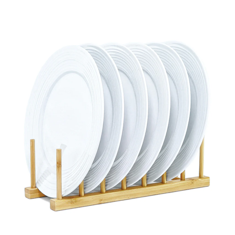 5-grid bamboo dish and pot lid storage rack with 12 vertical wooden support poles — view 2
