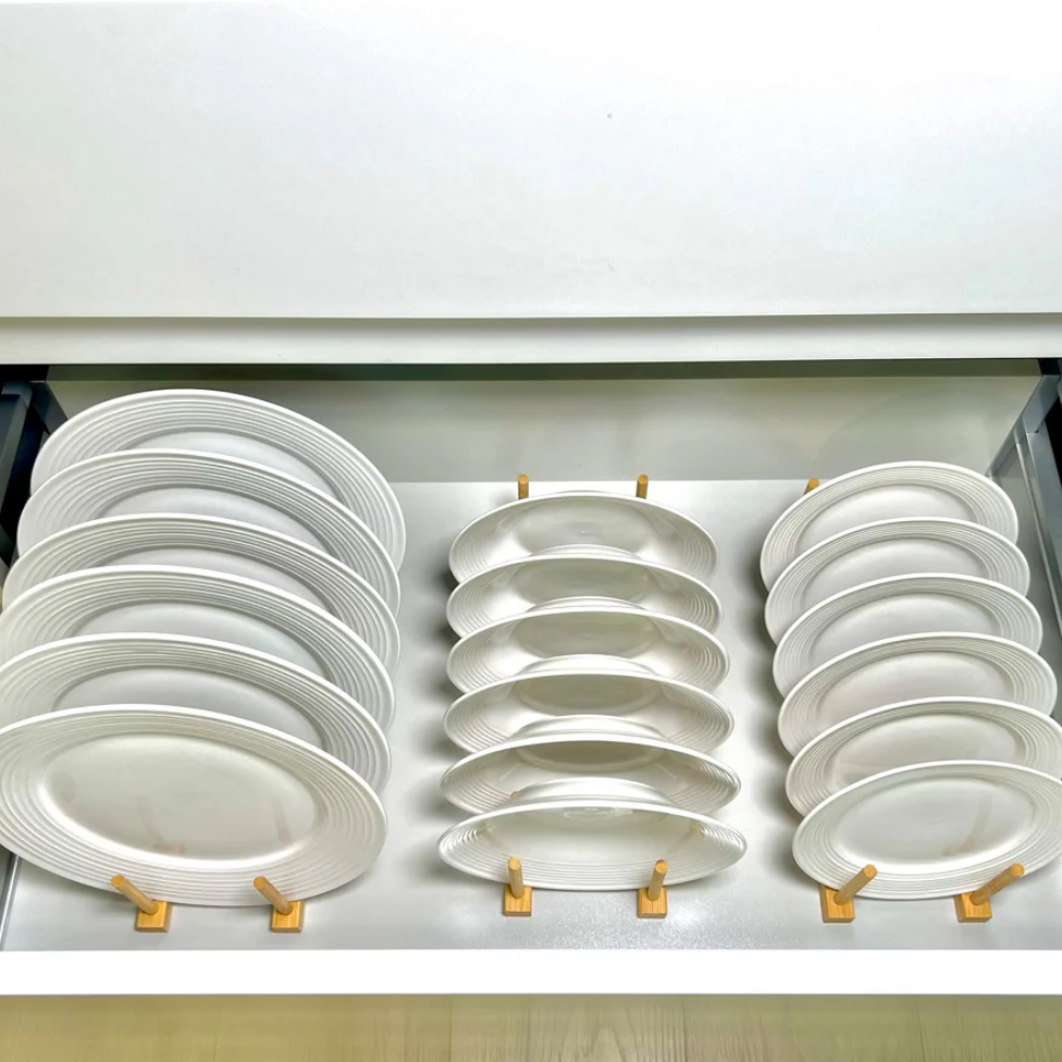 5-grid bamboo dish and pot lid storage rack with 12 vertical wooden support poles — view 4