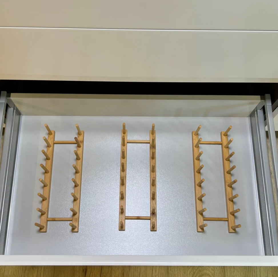 5-grid bamboo dish and pot lid storage rack with 12 vertical wooden support poles — view 3