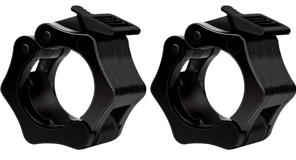 Black nylon quick release barbell clamps for secure weightlifting and strength training on 25mm bars