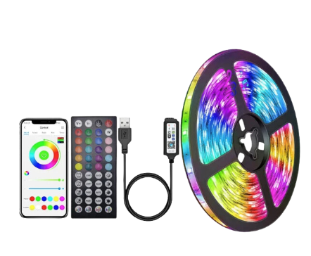 Smart USB LED strip lights illuminating a modern living room ceiling in vibrant dynamic RGB colors