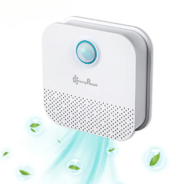 Smart cat litter box odor purifier, compact white device with biosensor for eliminating pet smells