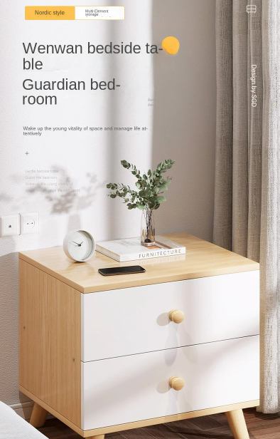 Modern bamboo bedside table with white storage cabinet accents in a minimalist bedroom setting — view 5