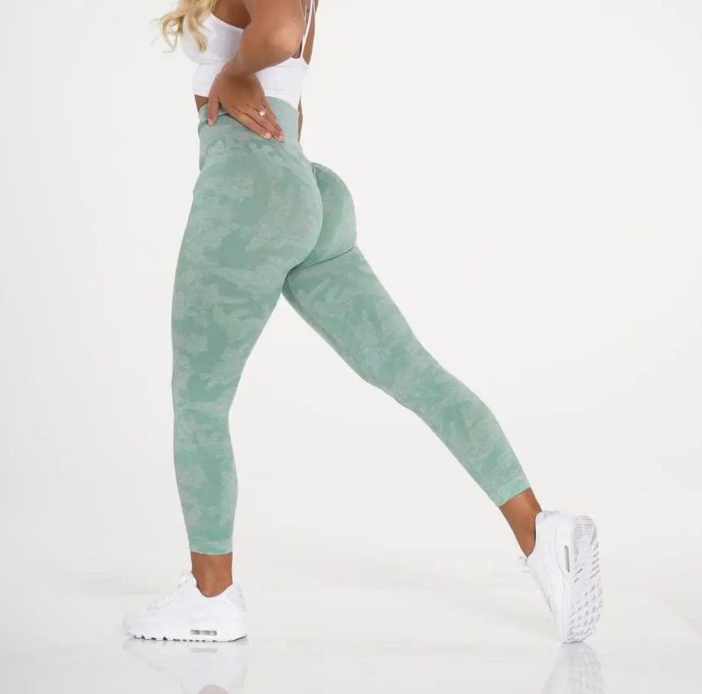 Women's camo active workout leggings in nylon spandex blend with a high-waisted seamless fit — view 2