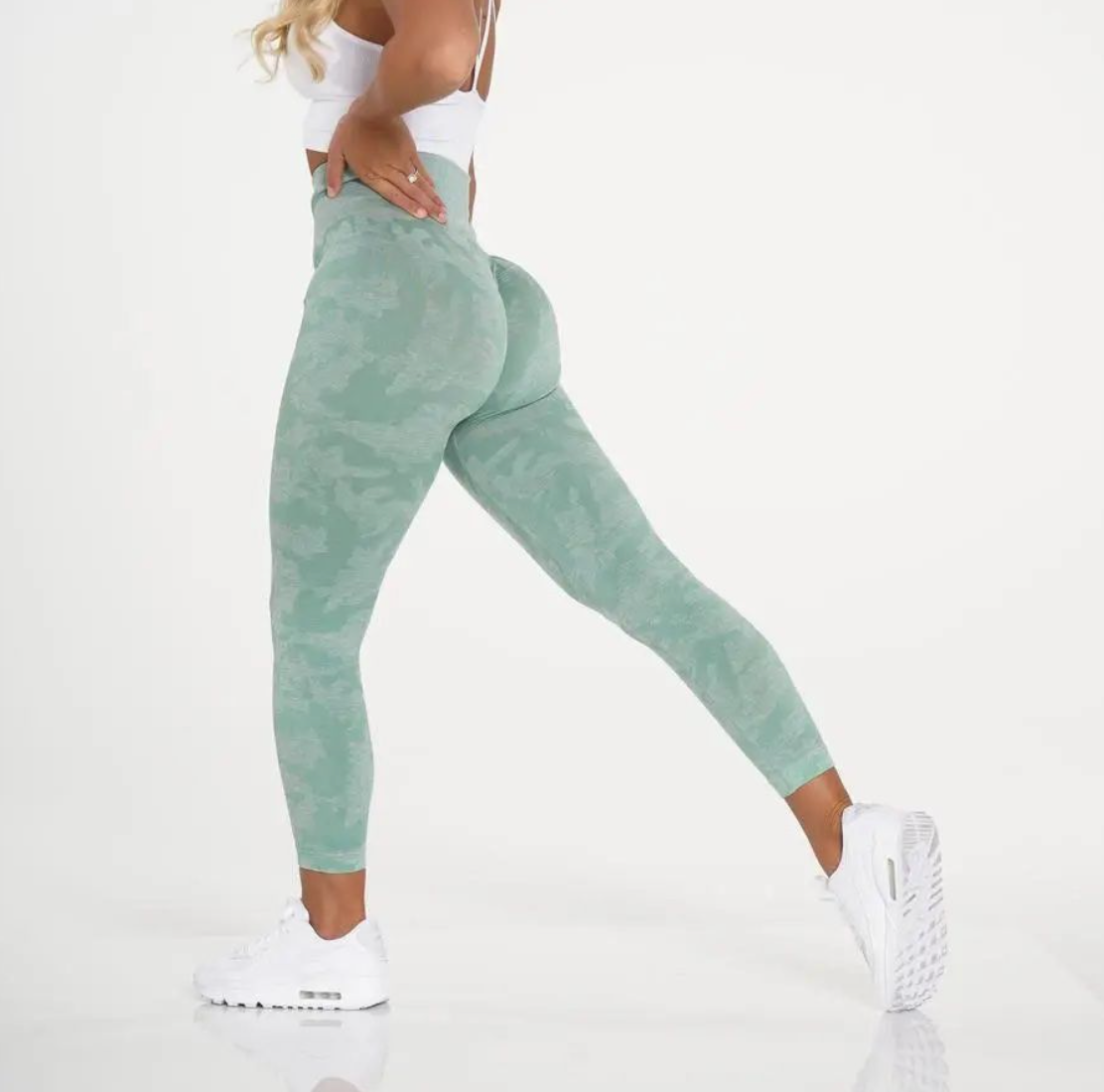Women's camo active workout leggings in nylon spandex blend with a high-waisted seamless fit — view 2