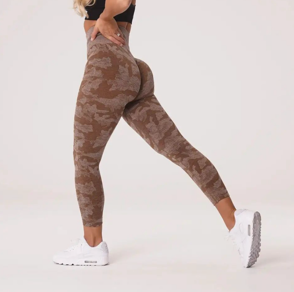 Women's camo active workout leggings in nylon spandex blend with a high-waisted seamless fit — view 3