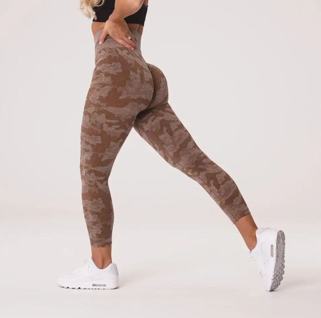 Women's camo active workout leggings in nylon spandex blend with a high-waisted seamless fit — view 3