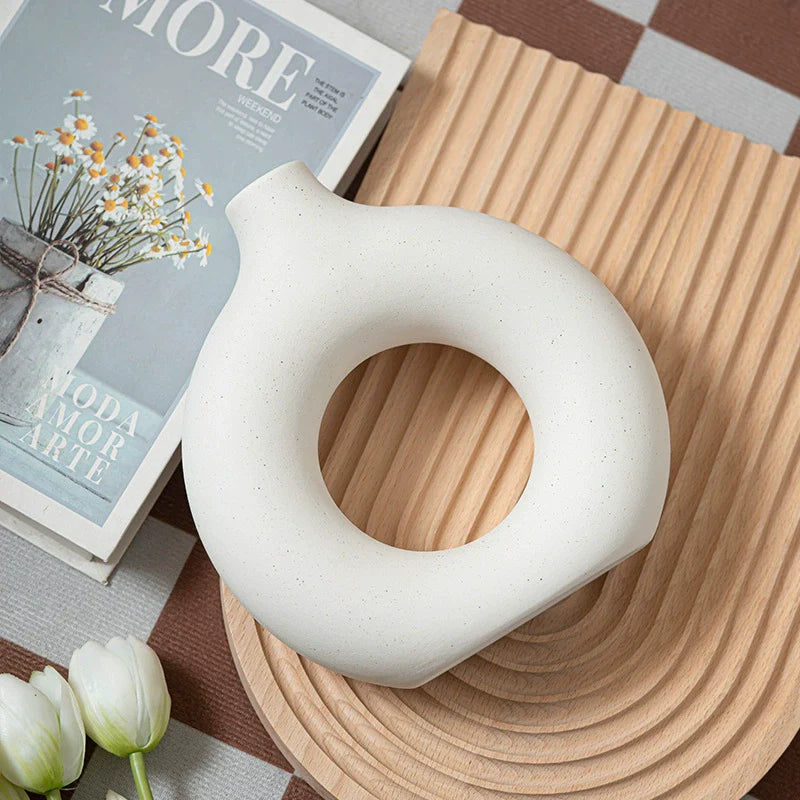 Modern Nordic circle ceramic vase in matte white, minimalist hollow sculptural decor for dried flowers — view 2