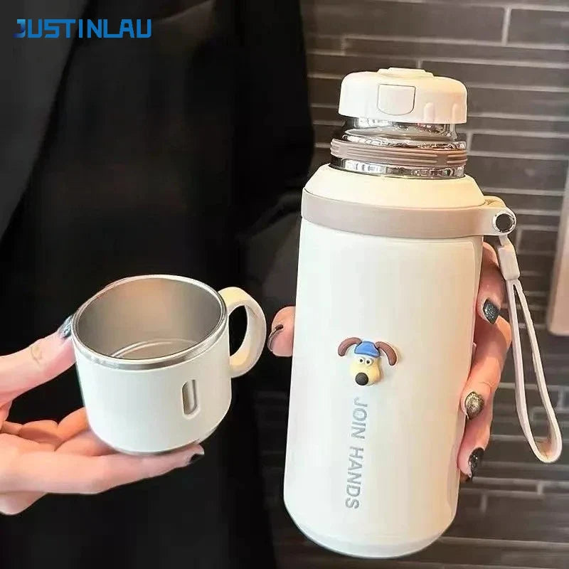 Stainless steel vacuum insulated flask with built-in tea strainer for hot and cold beverages