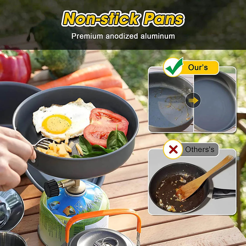 Outdoor camping cookware set in aluminum with orange foldable handles including pot pan and teapot — view 3