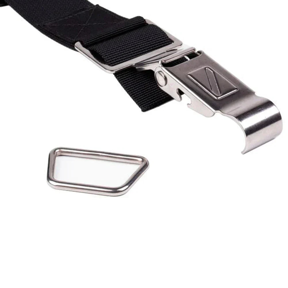 Scuba diving tank band, black nylon with stainless steel quick release buckle and anti-slip pad — view 4