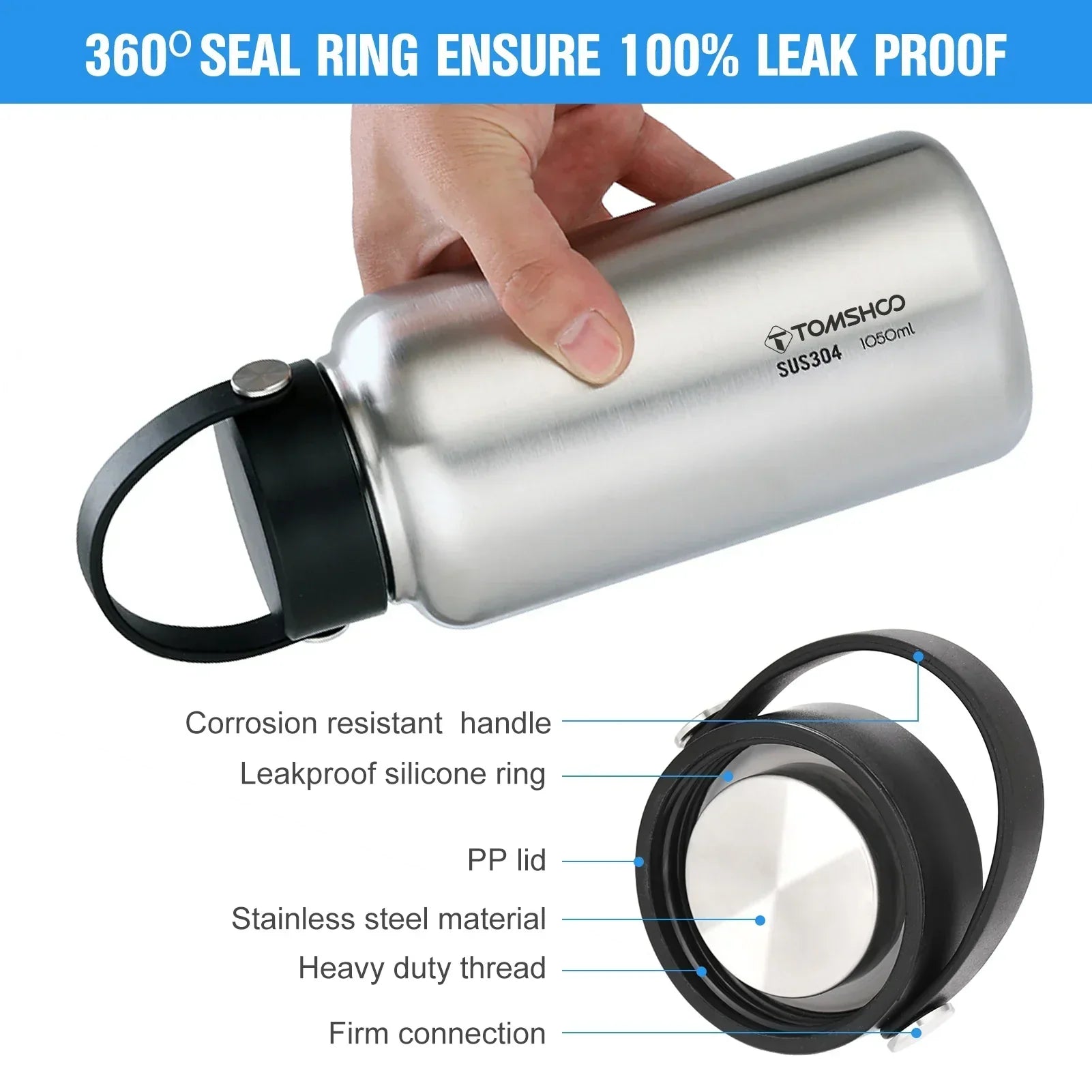 1050ml stainless steel water bottle for outdoor camping and hiking with secure leak proof lid — view 4