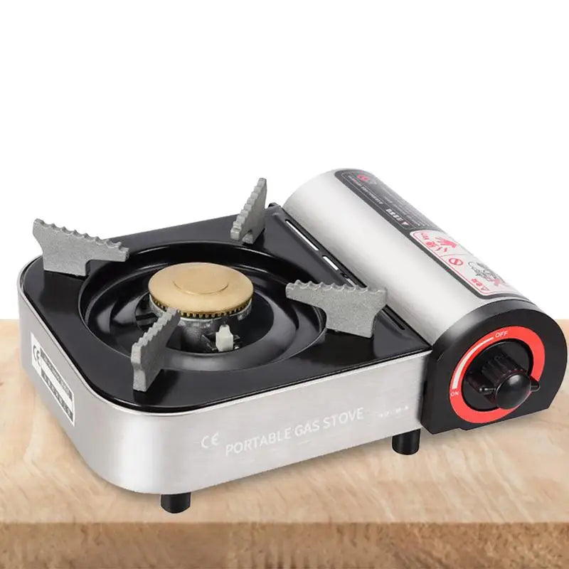 Grey portable butane camping stove with electronic ignition and aluminum burner for outdoor cooking. — view 4