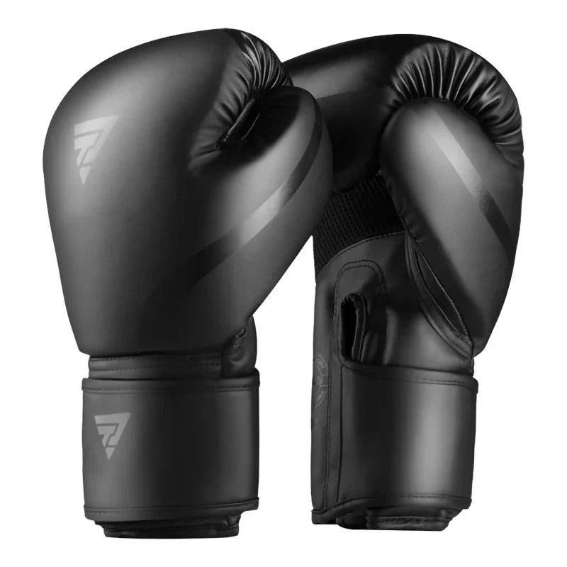 Black 8oz PU leather unisex boxing gloves with adjustable wrist straps for combat training and fitness