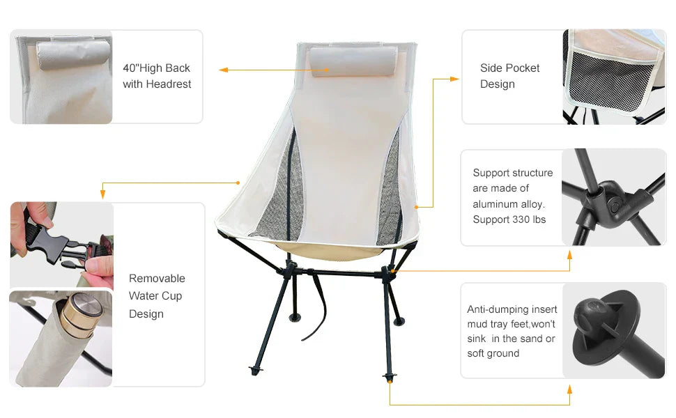 Beige ultra-light folding camping chair with aluminum frame and breathable 600D ripstop fabric — view 5