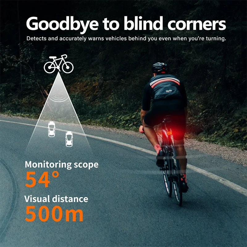Black smart radar bicycle tail light with LED brake sensing mounted on a bike seatpost — view 3