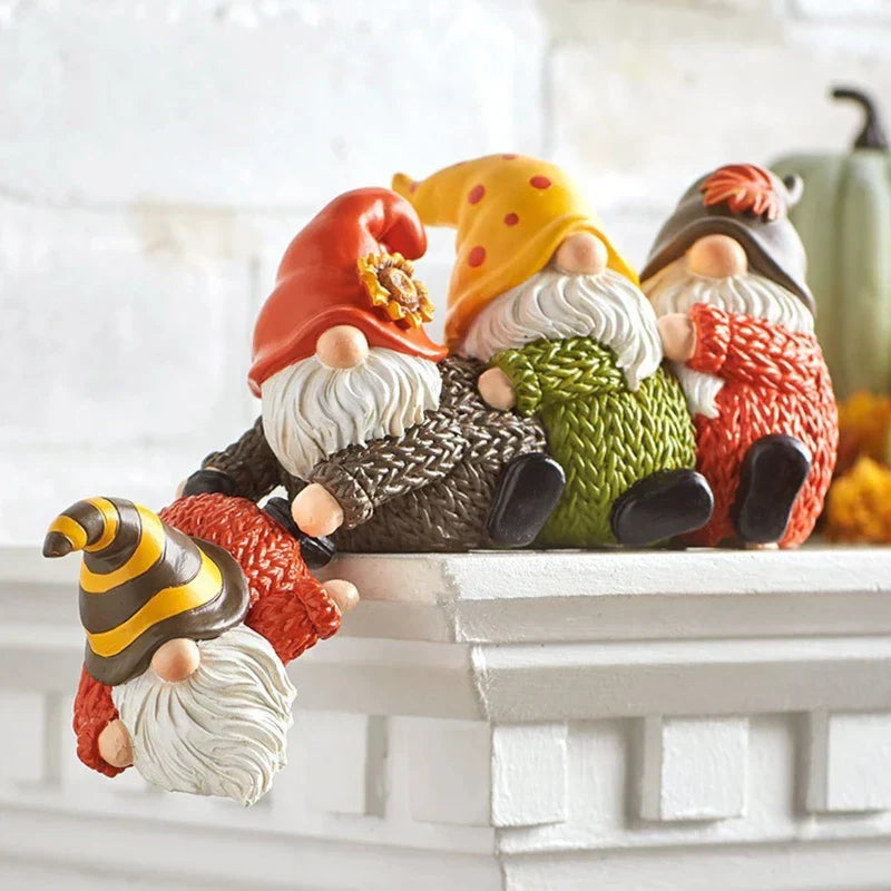 Whimsical cute gnome old man resin shelf sitter ornament rescuing a friend from a ledge — view 2