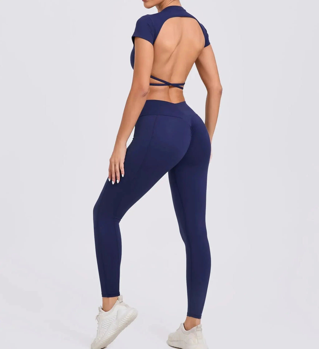 Cross Backless Sporty Set Women 2 Piece Sportswear Short Sleeve Training Suit for Fitness Yoga Wear Female Gym Workout Clothes-2