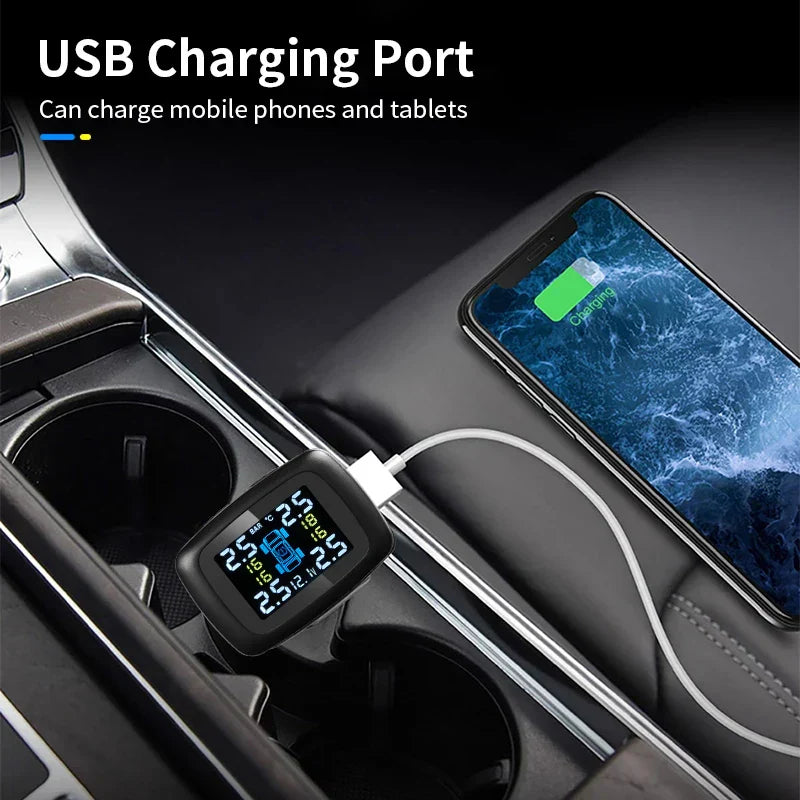 Black wireless tire pressure monitoring system with solar charging LCD display and four waterproof car sensors — view 4