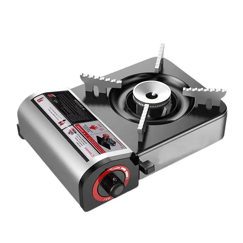 Grey portable butane camping stove with electronic ignition and aluminum burner for outdoor cooking. — view 3