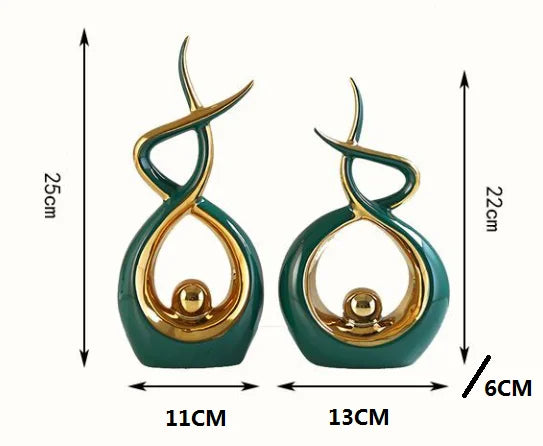 Set of two elegant green abstract resin sculpture statues displayed as modern home decor — view 5