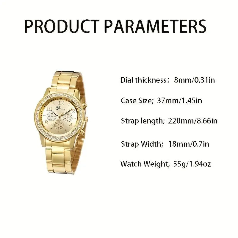 Women's luxury 5-piece gold watch and rhinestone jewelry set with necklace, ring, and earrings — view 4