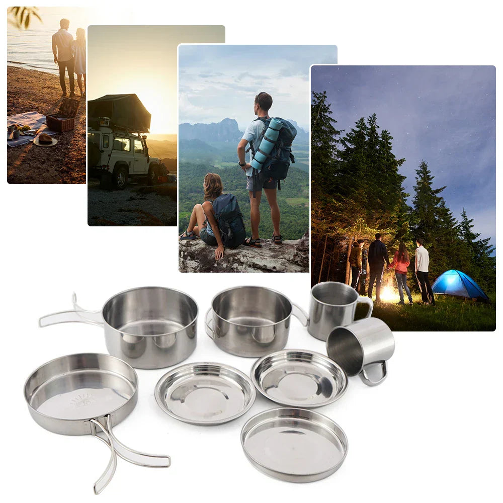 8-piece camping cookware set in silver stainless steel featuring pots pan plates and cups nested together — view 3