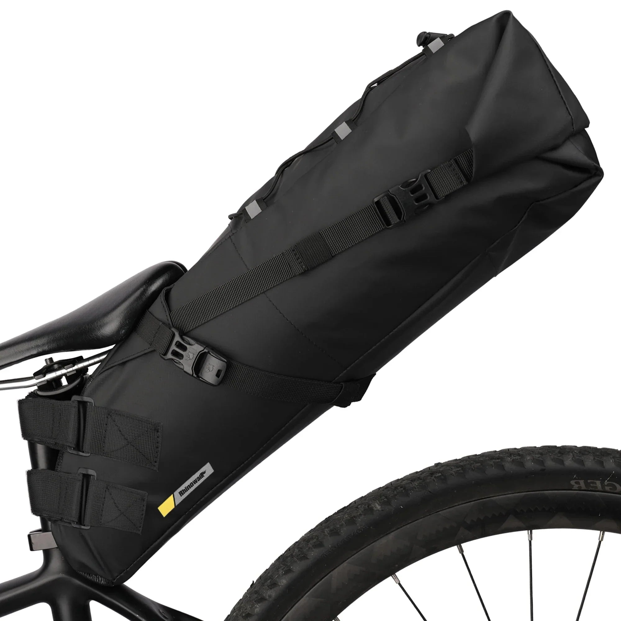 Black 10L waterproof bike saddle bag attached to a bicycle seatpost for rear storage