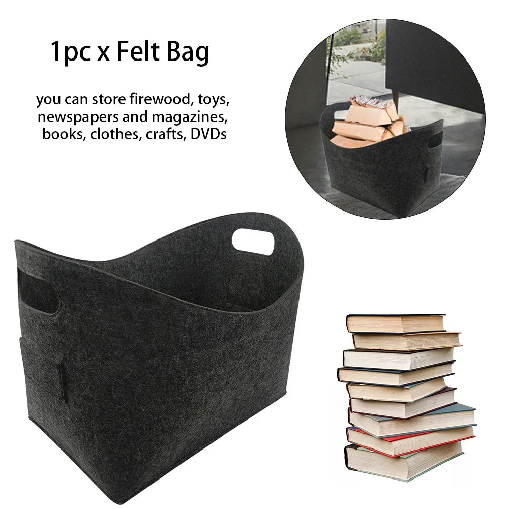 Large capacity felt firewood storage basket with sturdy handles in a neutral tone for fireplace organization — view 2