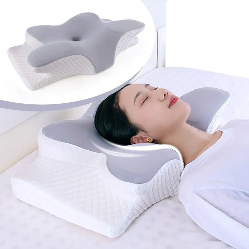 Grey butterfly shaped memory foam pillow with breathable contour design for ergonomic neck support — view 2
