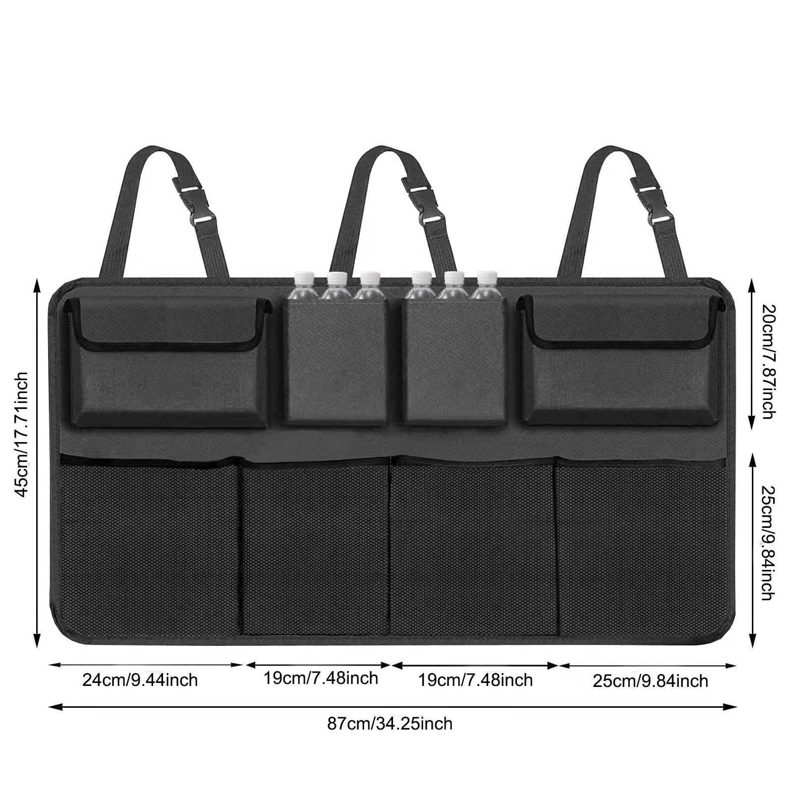 Black hanging car trunk organizer with 8 large storage pockets attached to vehicle backseat headrests — view 3
