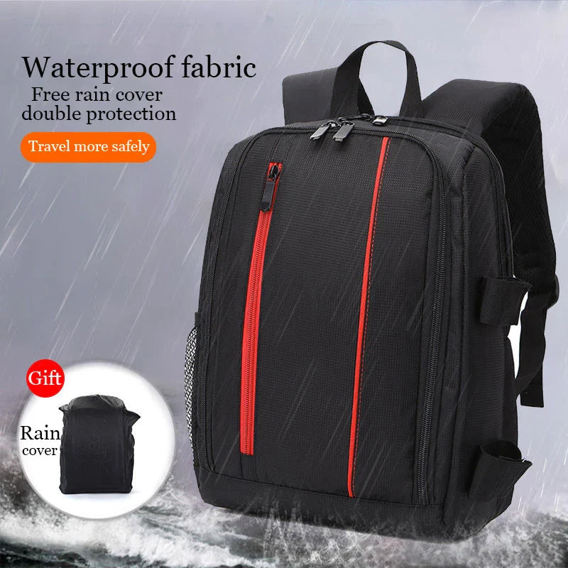 Red waterproof camera backpack in durable nylon with padded compartments for DSLR lenses and tripod — view 5