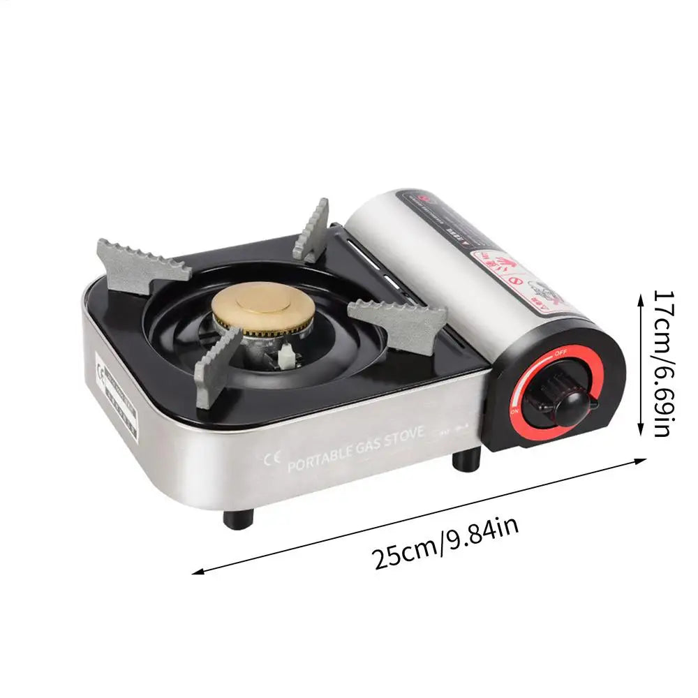 Grey portable butane camping stove with electronic ignition and aluminum burner for outdoor cooking. — view 2