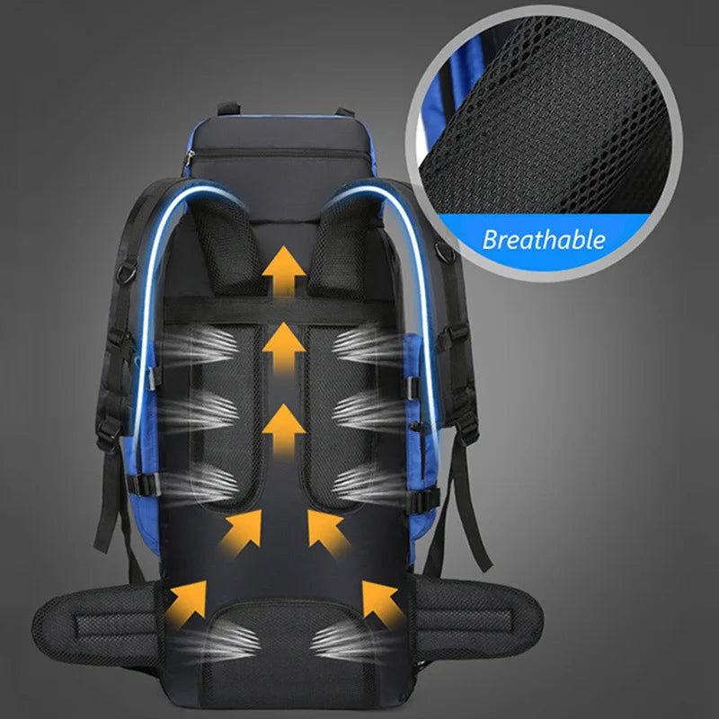 Waterproof trekking backpack in a large 90L capacity, designed for rugged hiking and camping adventures — view 4