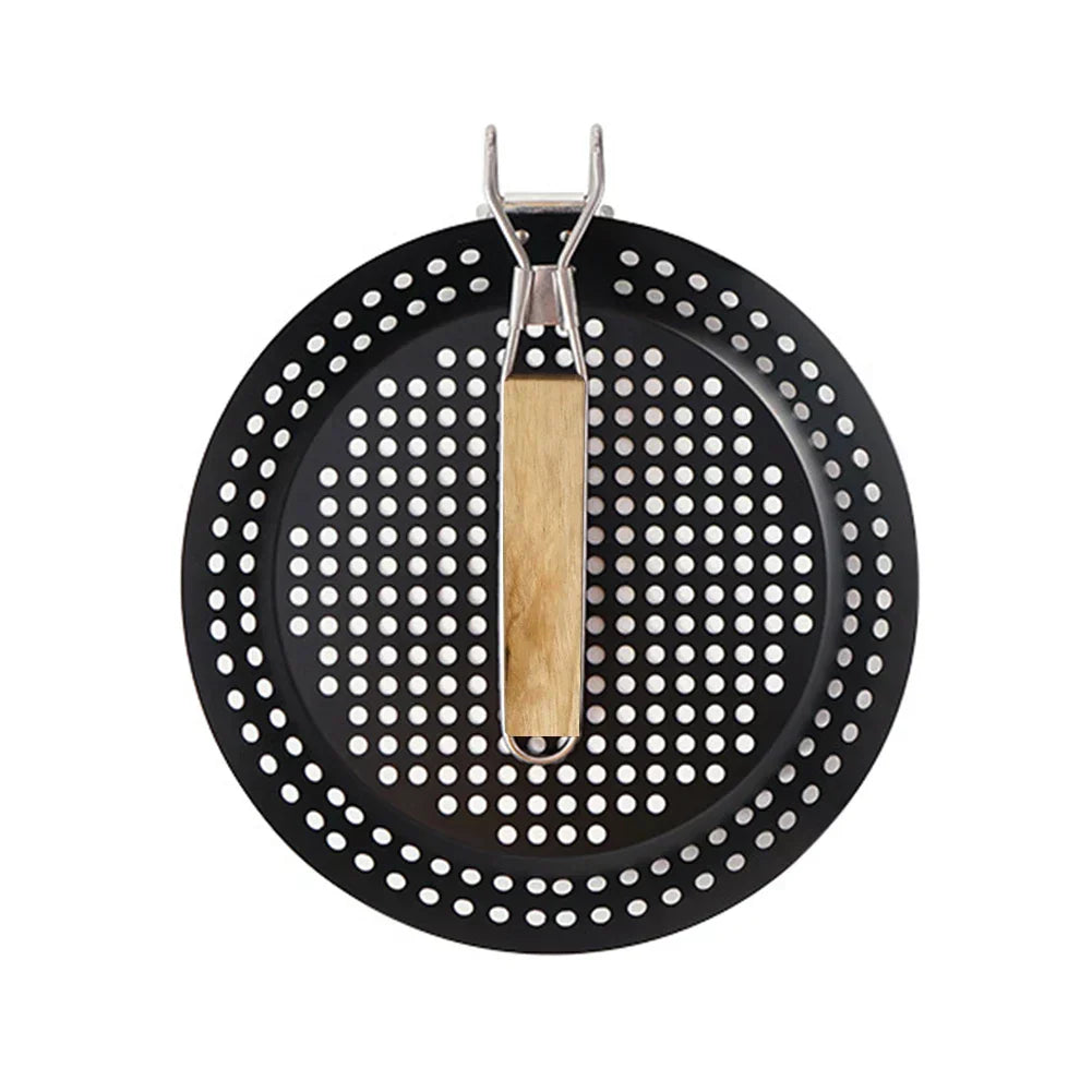 Portable folding handle BBQ frying pan with non-stick round surface for outdoor camping and pizza cooking