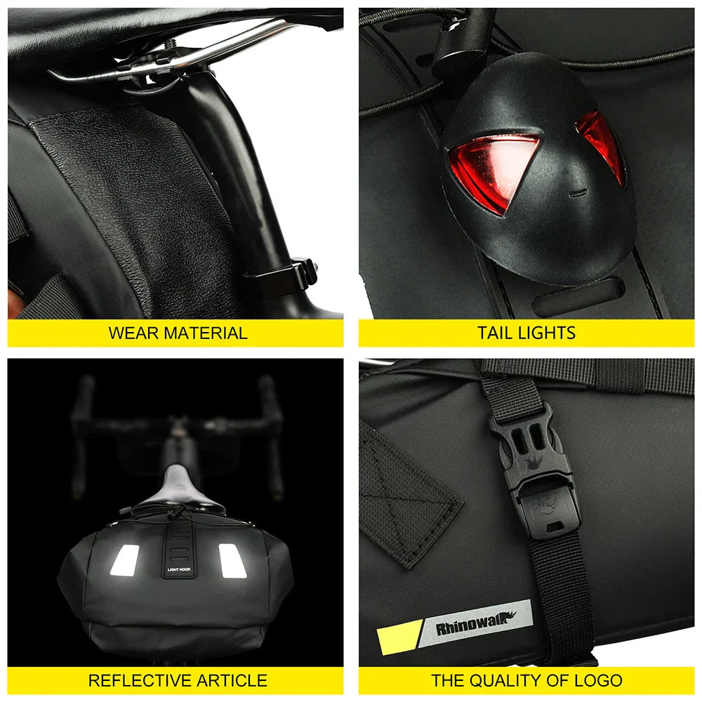 Black 10L waterproof bike saddle bag attached to a bicycle seatpost for rear storage — view 5
