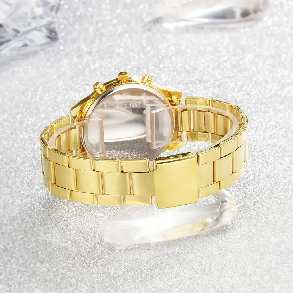 Women's luxury 5-piece gold watch and rhinestone jewelry set with necklace, ring, and earrings — view 5
