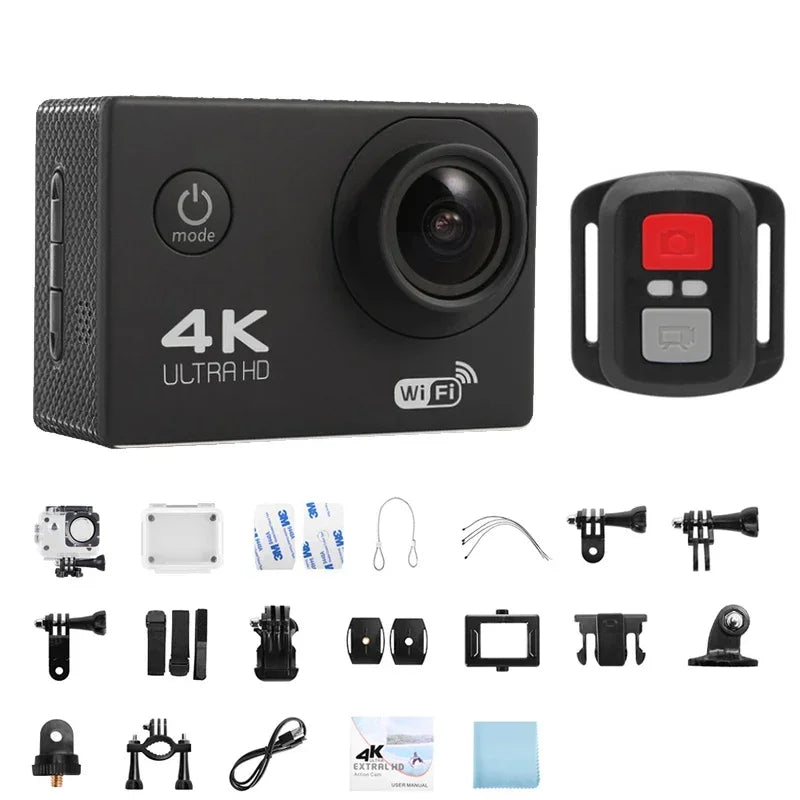 Black waterproof action camera with durable housing and wide angle lens for extreme sports