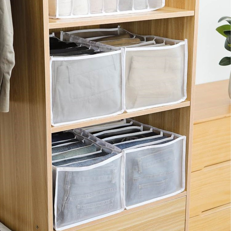 Jeans compartment storage box made of transparent nylon mesh organizing folded denim and clothing — view 3
