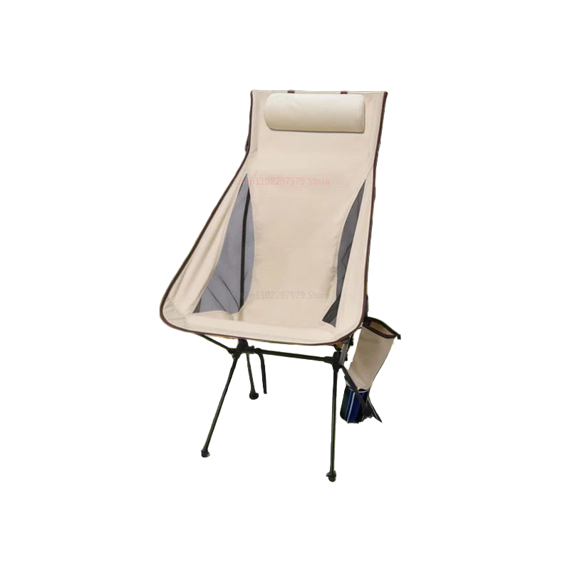Beige portable folding camping chair with aluminum frame and ergonomic headrest on white background