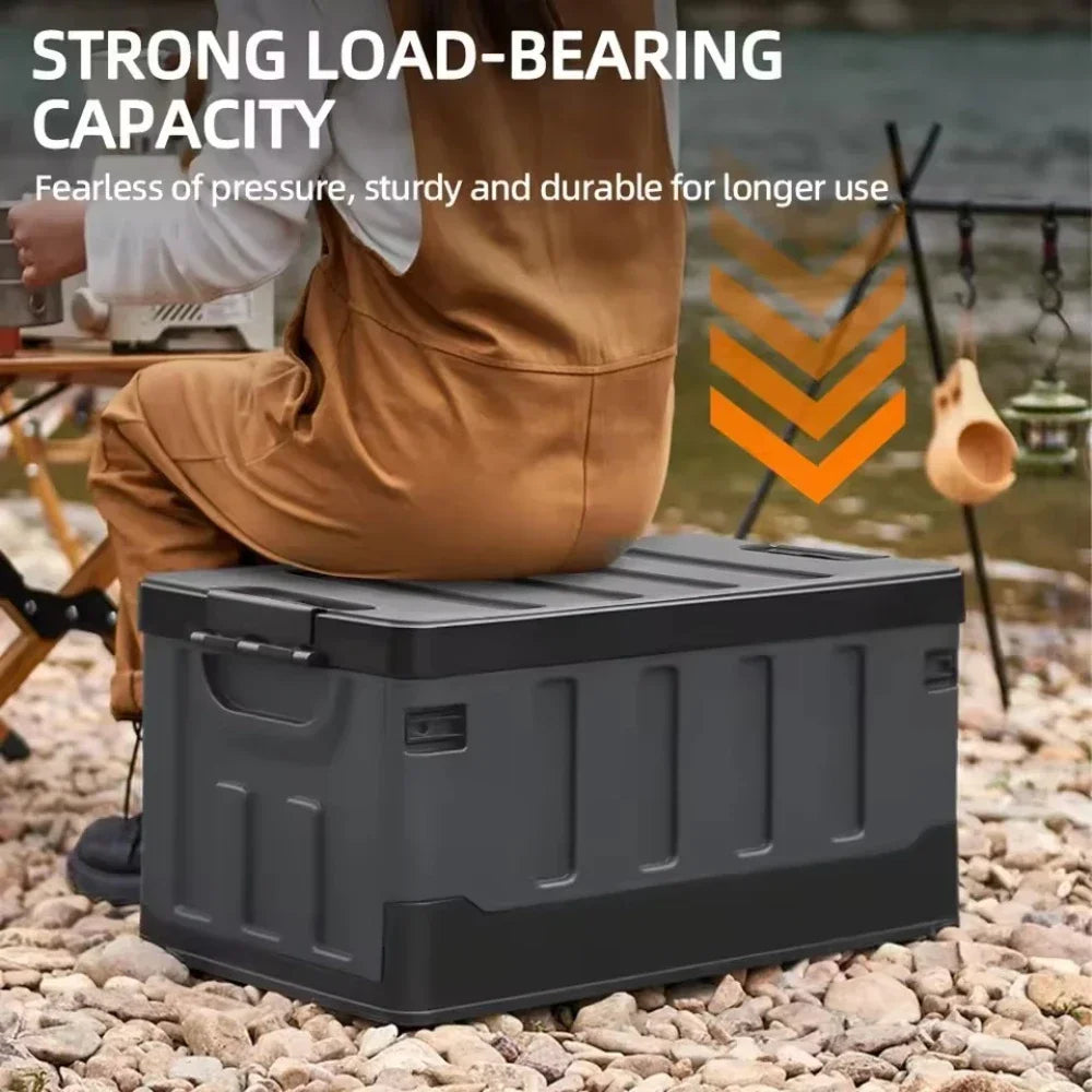 Black foldable camping storage box made of waterproof plastic with closed lid — view 2
