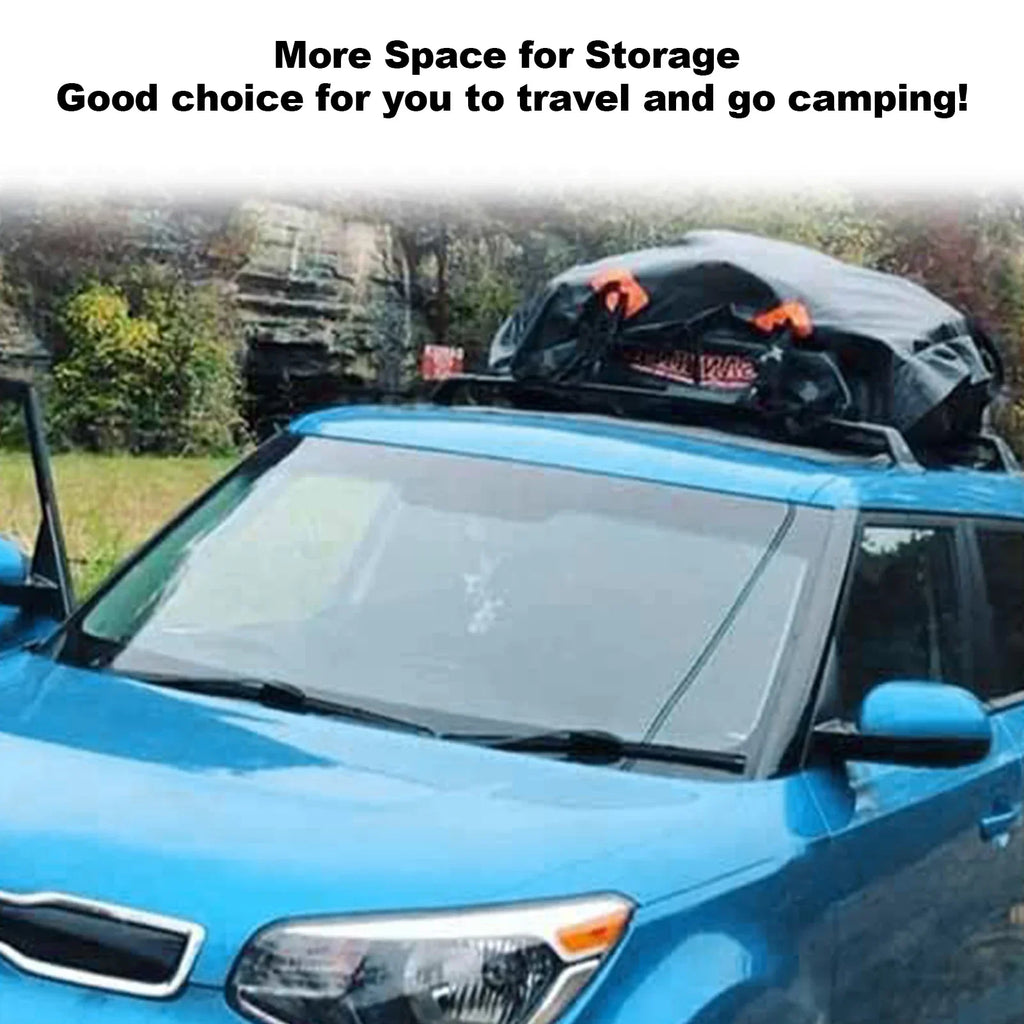 Black waterproof 425L car roof cargo bag strapped to vehicle for travel and outdoor storage — view 5