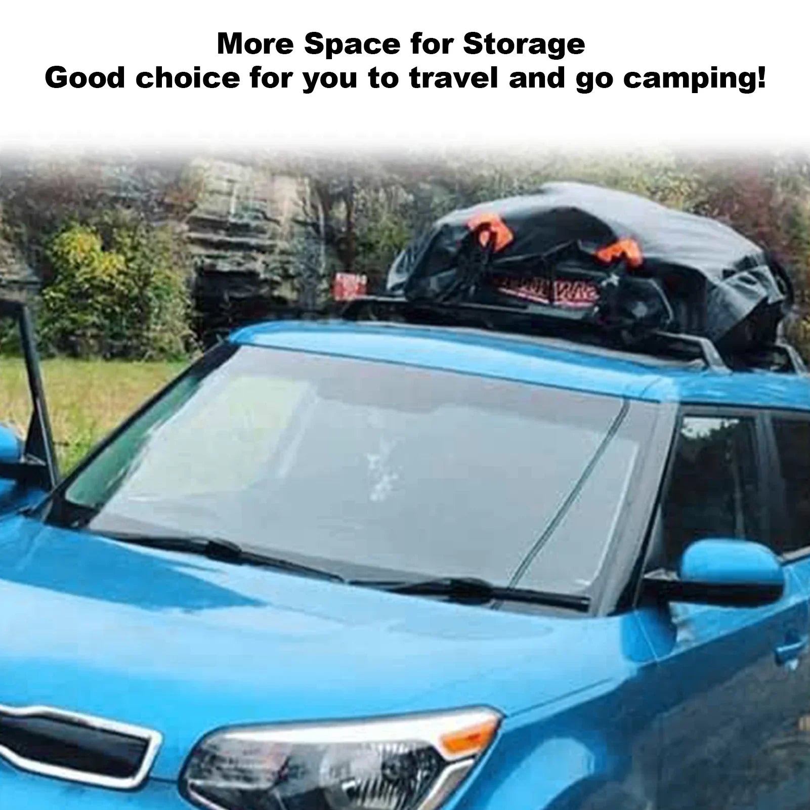 Black waterproof 425L car roof cargo bag strapped to vehicle for travel and outdoor storage — view 5