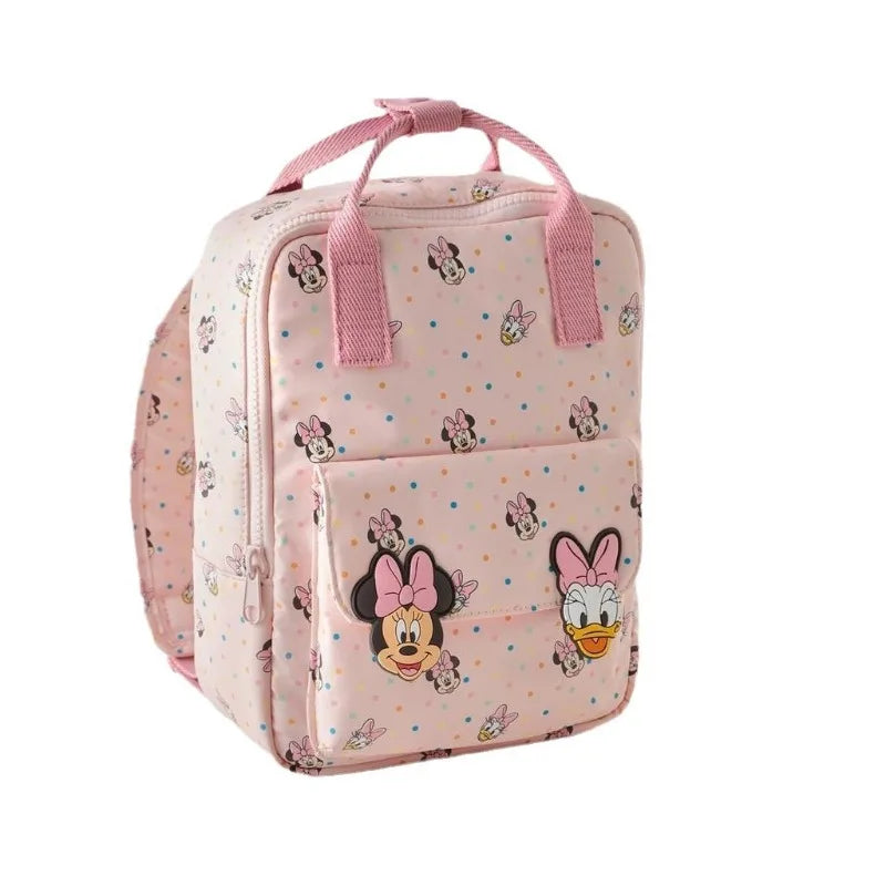 Mini school backpack featuring a Minnie Mouse design, top handle, and adjustable straps