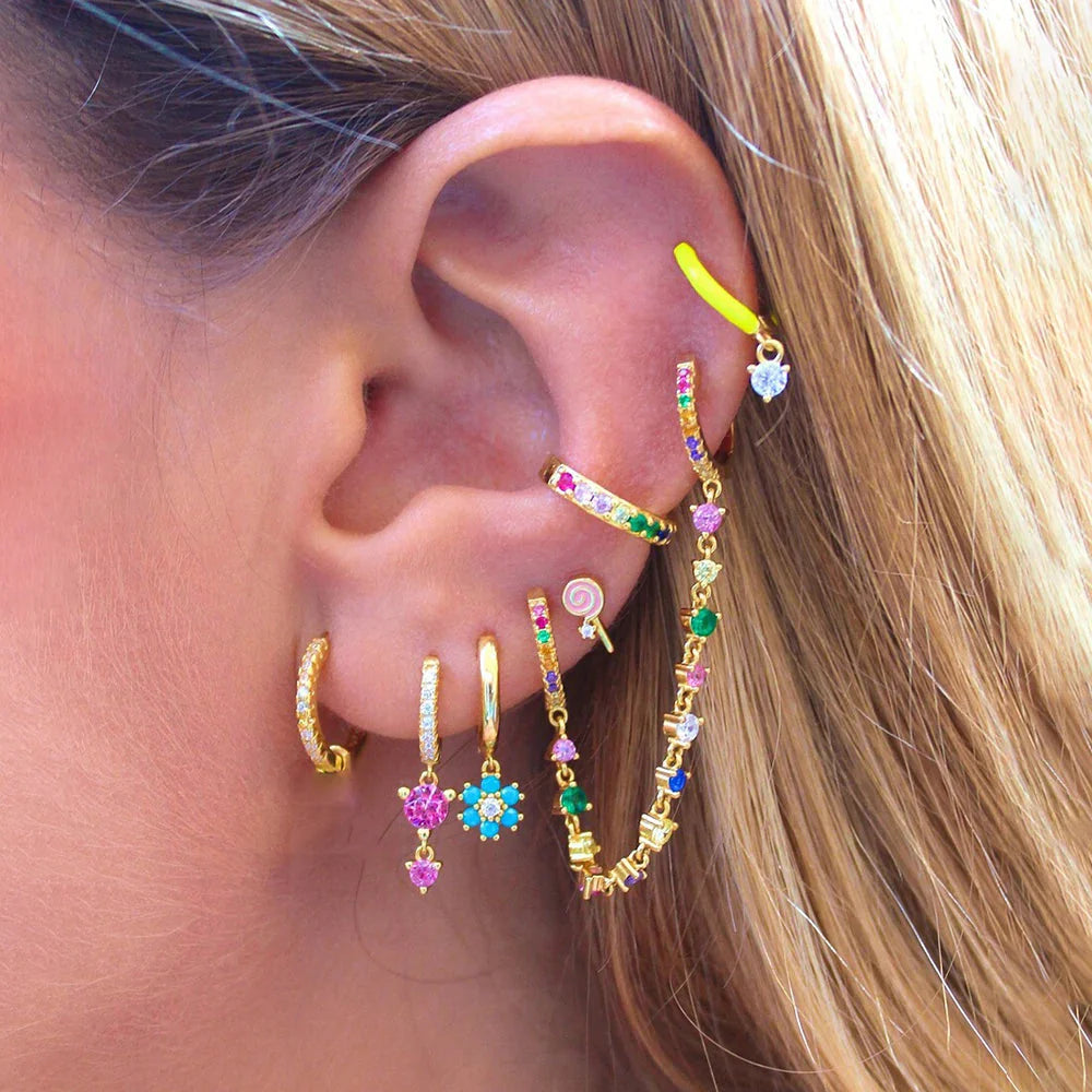 CZ crystal chain drop earrings in stainless steel with a secure hoop ear buckle closure — view 3
