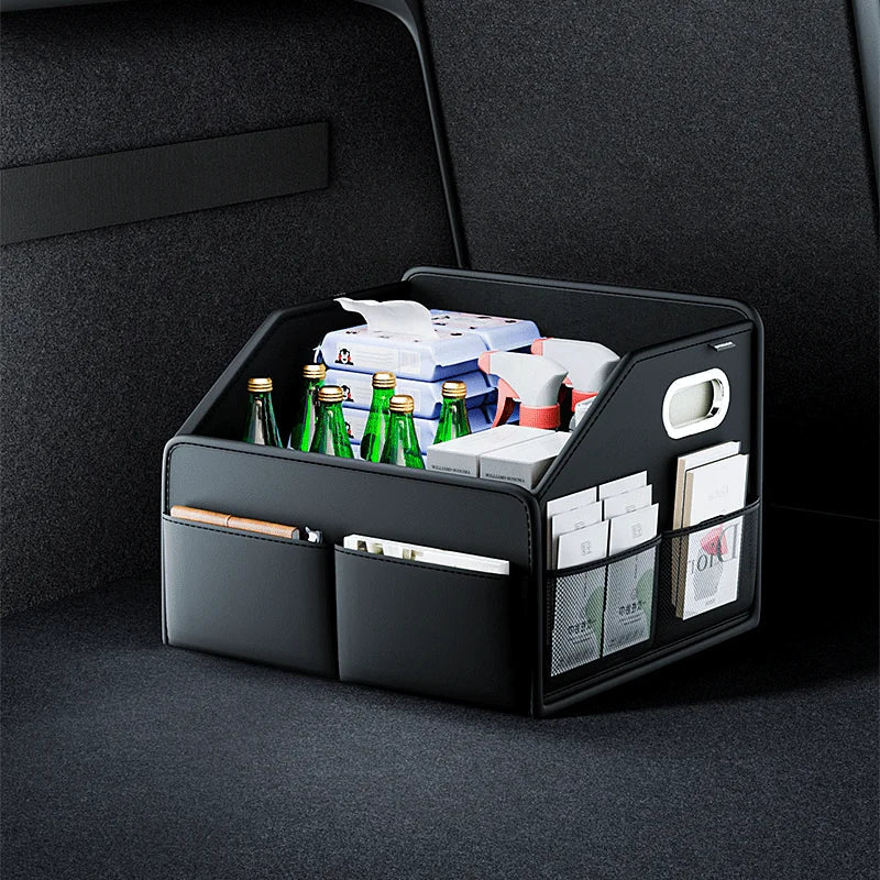 Black PU leather car trunk organizer with aluminum handles and multiple storage compartments — view 2